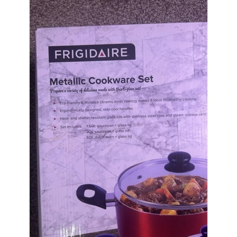 New Frigidaire Metallic Cookware 6 PC Pot Set Red Eco Friendly‎ Nonstick Ceramic